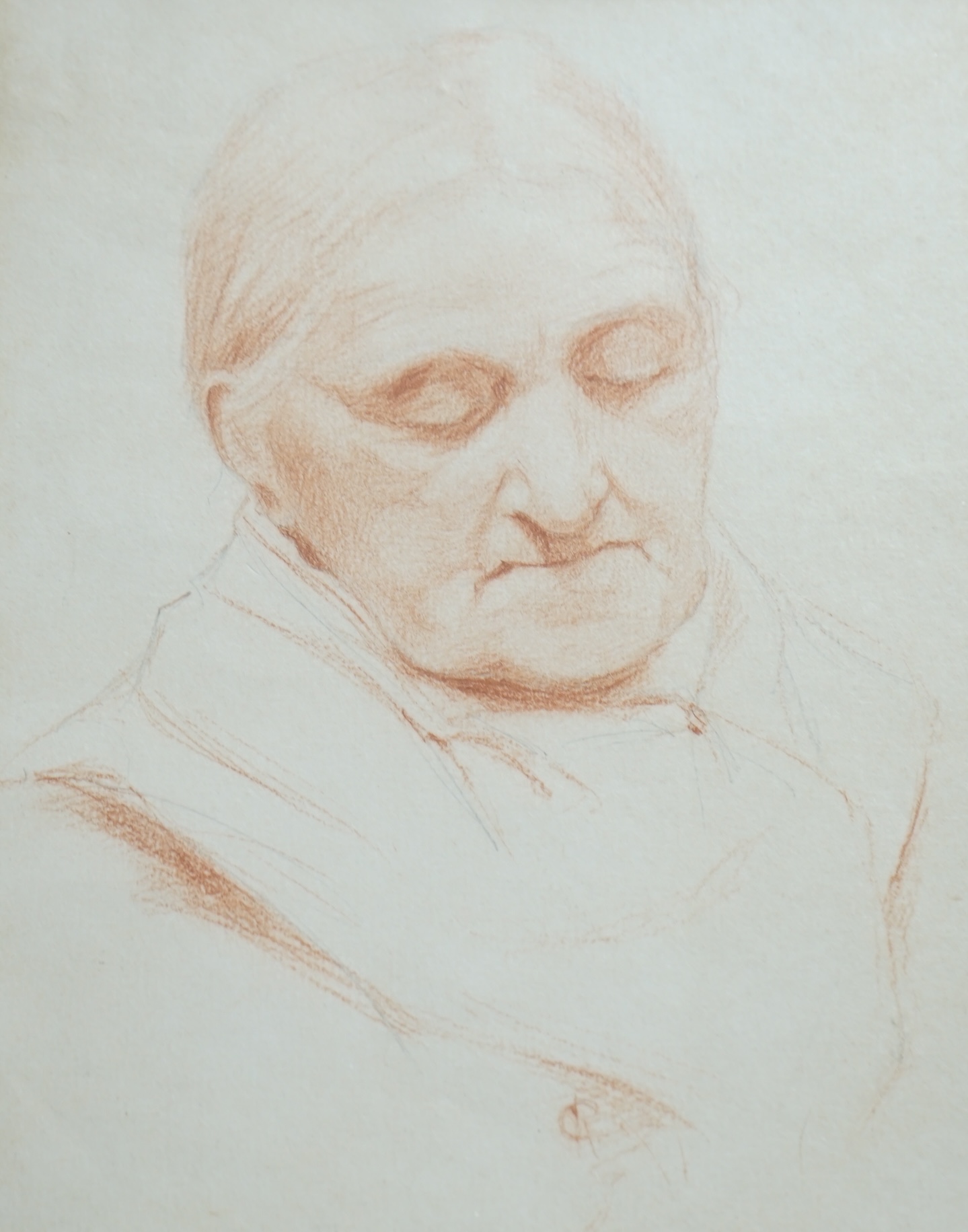 Late 19th century, English School, red chalks, Head and shoulders portrait of an elderly lady, bears possible monogram CR, 22 x 17cm. Condition - fair